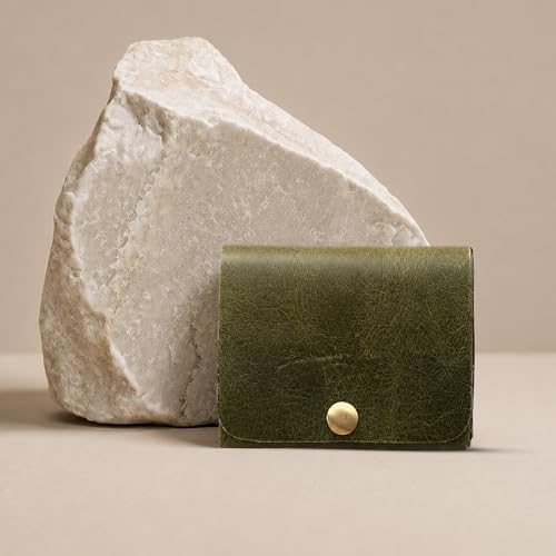 Image of Strutt Crushed Textured Genuine Leather Batua Wallet for Men & Women | Handcrafted Olive Green Leather Cash & Card Holder | Snap Button Closure | Compact Ethnic Money Pouch