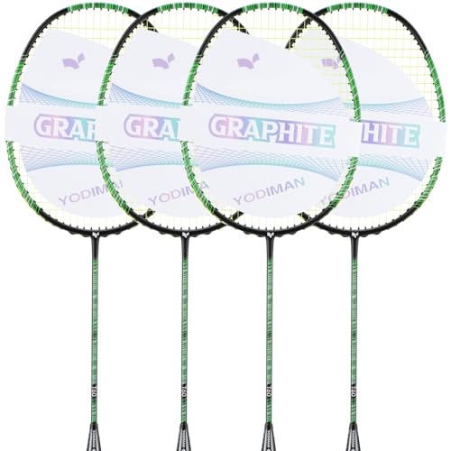 YPyroblaze Paquete de 4 raquetas de bádminton de grafito ultraligeras | Eje y marco de grafito de alta elasticidad | Agarre preenvuelto listo para usar | Velocidad y control mejorados para jugadores