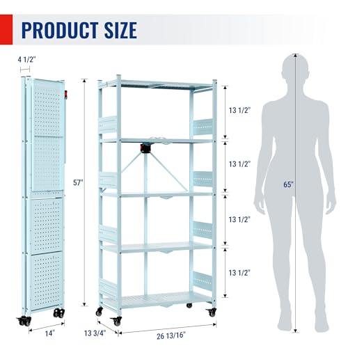 Image of WORKPRO 5-Tier Folding Shelf, No-Assembly Metal Storage Rack with Wheels, 750 lbs Capacity (with Leveling Feet), Collapsible Shelving Unit for Kitchen, Pantry, Closet & Craft Shows - Blue