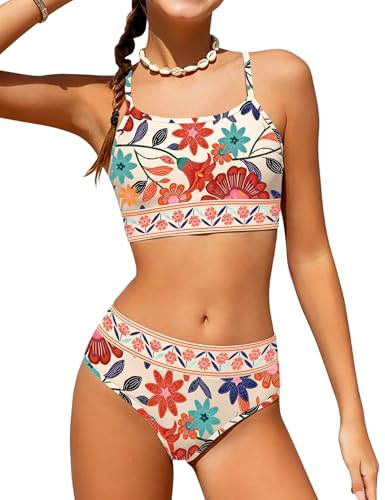 Image of Girls Bathing Suit Color-Block Adjustable Straps Bikini Sets Girls Two Piece Swimsuits with Chest Pad Swimwear 7-18T
