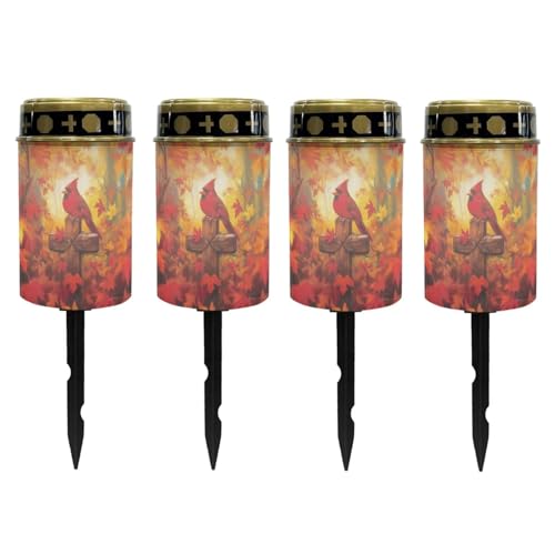 Image of Poceacles Cardinal Cross Maple Leaf Solar Outdoor Lights Solar Grave Candle Solar Cemetery Candles LED Automatic Flameless Candles Cemetery Outdoor Solar Lights for Loss of Dad, Set of 4