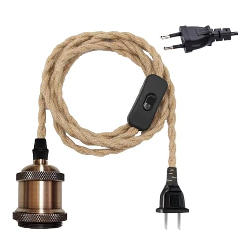 Mengjay Lámpara Cuerda Colgante Vintage,E27 Portalámparas con Enchufe y Interruptor,Cáñamo Lámparas de Techo,Cable de luz Colgante Decoración Iluminación para Salón (Bronze)