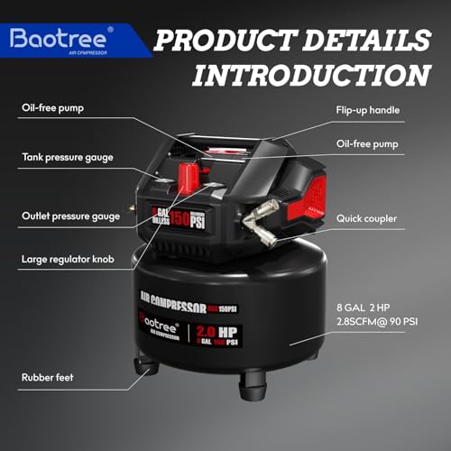 Image of 8 Gallon Portable Air Compressor, 2HP Motor 2.8SCFM@90 PSI,3.8SCFM@40PSl Max 150PSI Oil Free Air Compressor Tank, Garage Air Compressors for Car Repair, Spray Painting, Woodwork Nailing