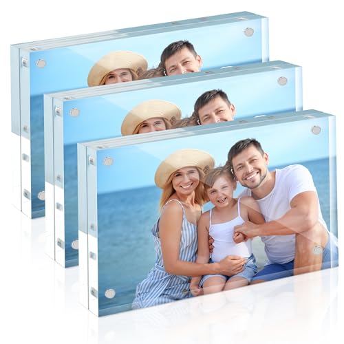 Image of HOUSE DAY Acrylic Picture Frames 3.5x5, 3 Pack Magnetic 3.5 x 5 Picture Frame, Double Sided Clear 3.5x 5 Photo Frame with Microfiber Cloth, Frameless FreeStanding 3.5x5 Frame Gift for Desktop Display