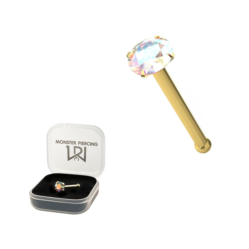 Monster Piercing - 14K Gold Echtgold | Nasenpiercing Nasenstecker Stud | Kristallstein | Stabstärke: 22G (0,6 mm) | Stablänge: 6mm | Steingröße: 1,5mm bis 2,5mm | Hypoallergen