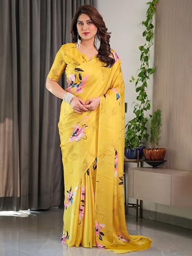 Image of ALMAARI FASHION Women's Floral Printed Georgette Satin Saree with Unstitched Blouse Piece | Traditional Ethnic Wear Sarees | Soft Lightweight Ethnic Office Wear Daily Wear Indian Sari (SG 111-120 H)