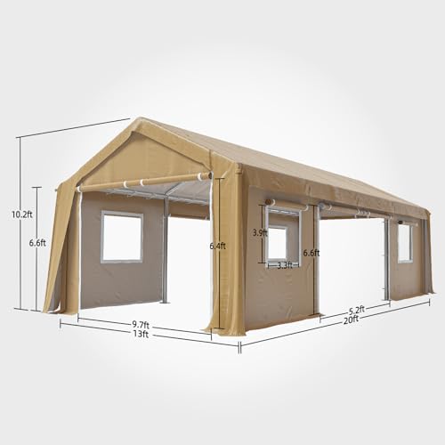 Image of 13x20FT Heavy Duty Carport Canopy 4 Roll-Up Doors & 4 Windows Portable Garage All-Season Outdoor Storage Shed for Car Truck Boat Shelter Party Tent, Yellow