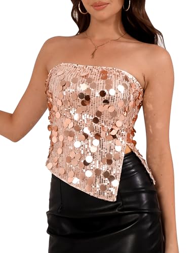 Sequin Top for Women Sparkle Sleeveles Split Crop Tube Top Glitter Mermaid Disco Cocktail Party Club Night,Rose Gold,M