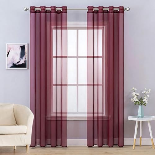MIULEE Noël 2 Panneaux Couleur Pure Rideaux De Fenêtre Transparents Lisse Élégant Panneaux Voile De Fenêtre/Rideaux/Traitement pour Chambre Salon Rouge...