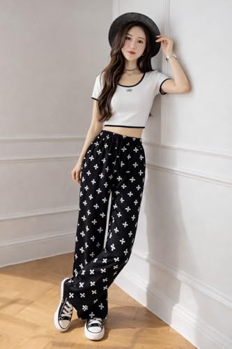 Image of Celary Women's Printed Palazzo Pants - Silk Blend High Waist Wide Leg Trousers | Elastic Waist Relaxed Fit Casual Flowy Pants for Travel, College, Office
