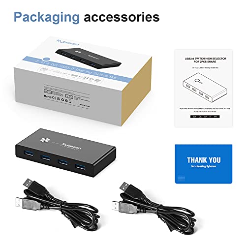 Rybozen USB 3.0 Switch Selector,KVM Switch Adapter 2 Computer Sharing 4 USB Devices, Peripheral Hub Box for Mouse Keyboard Scanner Printer PC, with One Button Swapping and 2 Pack USB 3.0 Cable