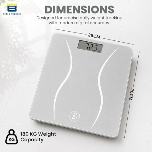 Image of Btag Premium Digital Body Weight Scale | 26x26 cm Wide Platform | Clear LCD Display | Anti-Skid Base | 180 kg Capacity S-Shape Design (White)