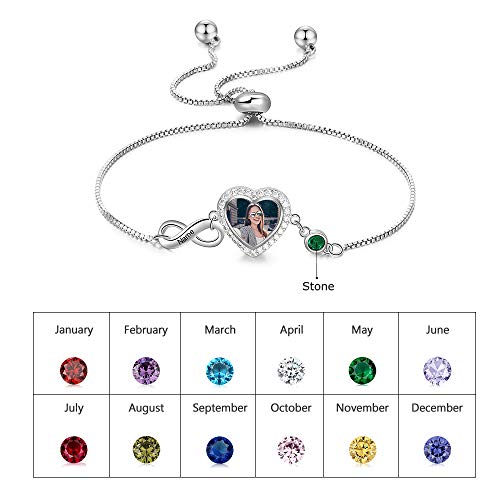 Tian Zhi Jiao Personalized Photo Charm Bracelet For Women - Heart Locket Engraved Name Link With Simulated Birthstone Adjustable Chain Mom Bff Girls Lovers Birthday Gift (Style 1-Silver) #TOP2