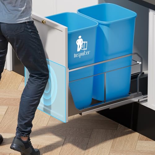 Image of Insputer Dual Pull Out Trash Can Under Cabinet with Push to Open Slide Grey | Soft-Close Slide, Heavy Duty, Not Included Bin, Under Sink Garbage Can Kit for Kitchen, Laundry, Requires 18 inchW X 24 inchD Cabinet