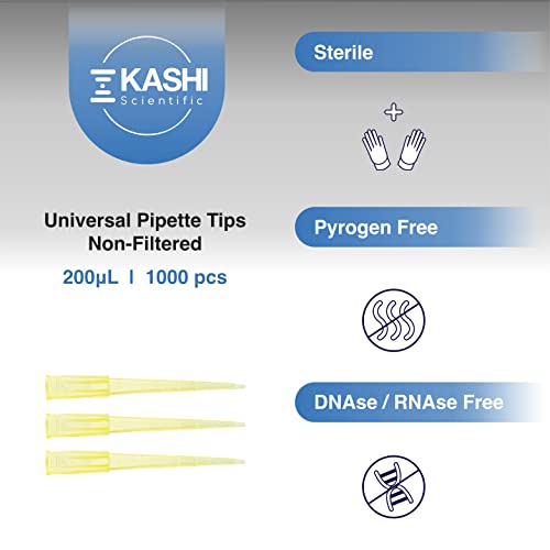 Image of Kashi Scientific 200uL Universal Non-Filter Pipette Tips, Sterile Low Binding Yellow Pipet Tips with Graduation, DNase /RNase Free [200uL, 1000pcs]