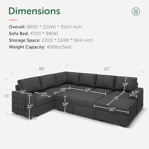 Image of HONBAY Sectional Sleeper Sofa with Pull-Out Bed Storage Chaise, 6 Seater Couch for Living Room, Middle Grey