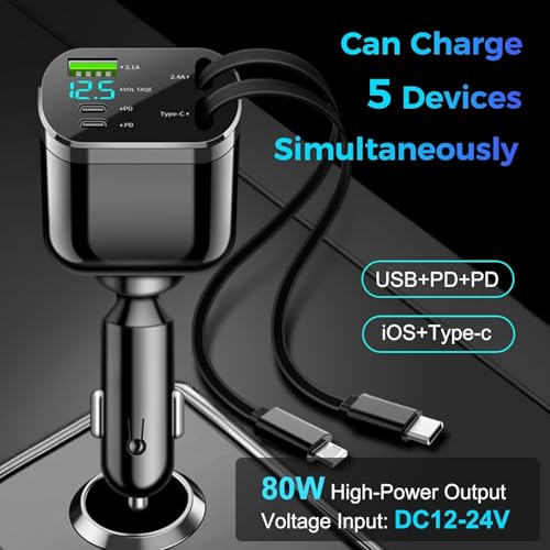 Image of 120W 5 in 1 Retractable Car Charger - Super Fast Car Charger Type C & Lightning Cables, Dual USB Ports, 12V Car Charging Adapter for iPhone 16 /15 /14, Samsung, Android (5 in 1, 1)