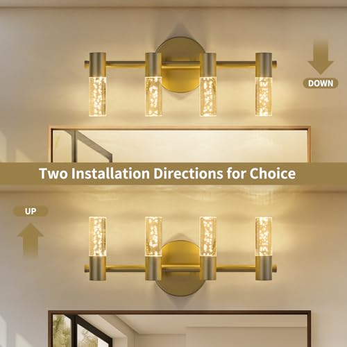 Image of 4 Light Bathroom Light Fixtures, Gold Modern Vanity Lights with Acrylic Shades, 3000-6000K Dimmable Bathroom Wall Lamp for Mirror Kitchen Living Room Hallway Cabinet Porch