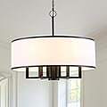 24" 6-Light Drum Chandelier, Modern Large Drum Pendant Light Fixtures with White Shade, Black Chandelier Hanging Ceiling Light for Dining Room Living Room Foyer Kitchen Entryway, Adjustable Height
