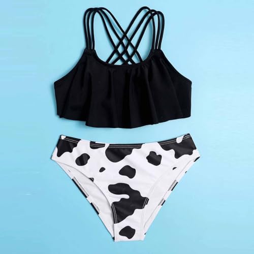 Teen Bathing Suits for Girls Spaghetti Strap Criss Cross Bikini Swimsuit 2 Piece Cow Print Swimwear (Black, 13-14 Years)2
