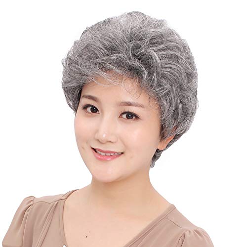 BESTUNG Short Gray Wig for Old Lady Women Short Curly Wavy Wig Synthetic Full Hair Natural Mother Fluffy Mom Costume Old Grandma Cosplay Wigs