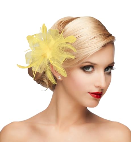 dressfan Womens Fascinator Hat Headpiece Vintage Wedding Mesh Feather Flower Hair Clip 20s 50s Headband Hair Accessories Headwear for Derby/Wedding/Cocktail/Tea Party HA5672-Yellow