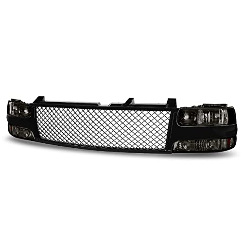 Headlights Bumper Lamps Assembly with Front Mesh Style Grille Compatible with Silverado Suburban Tahoe 99-02, Driver and Passenger Side, Chrome Housing Smoke Lens Headlamp, Glossy Black Grill, 5-Piece