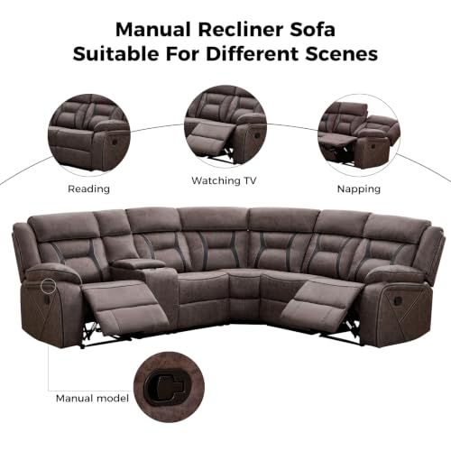 Image of EBELLO Manual Reclining Sectional Sofa for Living Room, L-Shaped Sectional Corner Reclining Sectional Couches Home Furniture Set with Center Console, Hidden Cup Holders and Storage, Grey