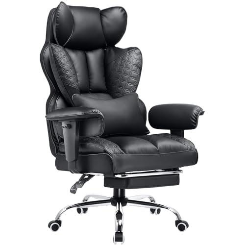 COMHOMA Big and Tall Office Chair 400LBS Wide Ergonomic Gaming Chair with Deluxe Embossing Designed Leather with Foot Rest,150°Reclining Adjustable Armrests Pocket Spring Back Support and Pillow