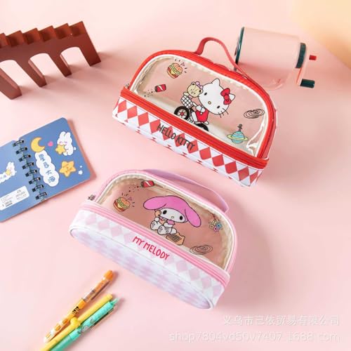 Image of Hello Kitty Cartoon Storage Pen Bag - Large Capacity Transparent Double Layer Portable Stationery Case - Red Pencil Case for Boys & Girls Multifunctional Soft Pouch for School Kids