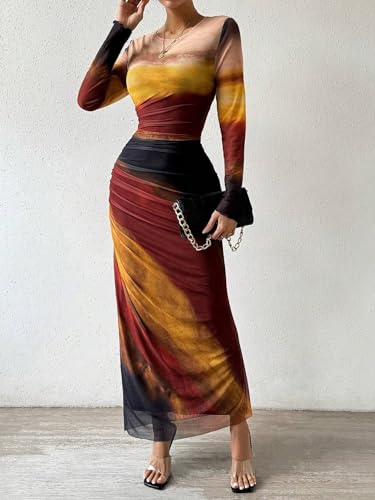 Image of MARZXIN Women Long Sleeve Maxi Dress Bodycon Ruched Formal Slim Fit Tie Dye Dress Formal Mesh Dress