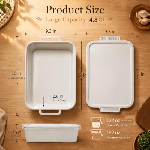 PTYTIFY Ceramic Casserole Dish with Lid, 4.8 Qt Large Lasagna Pan Deep, Porcelain Baking Dish for Oven, Rectangular Bakeware Set with Dual-Function Lid Tray for Family Dinner, White - 2