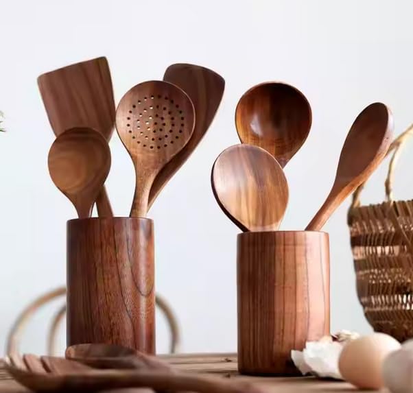 OAKSTONE™ Premium Wooden Cooking Utensils – 10-Piece with Holder, Mixing Spoon, Strainer, Salad Fork, Spatula, Fried Spatula, Soup Ladle, Serving Spoon and more