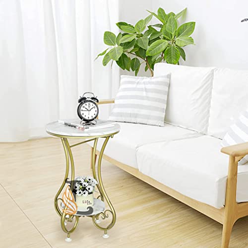 Image of Side End Table Frame Sofa Corner Table for Living Room Coffee Table Striped Top and Metal Frame Sofa Table End Table, Bedroom Simple (Gold White)