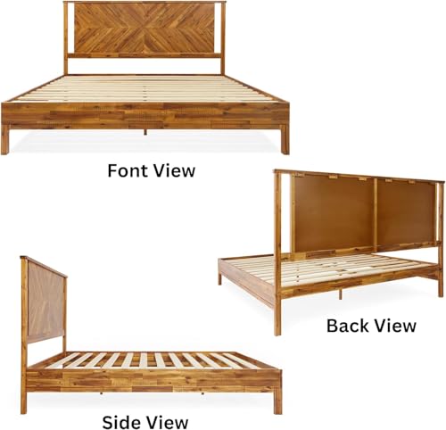Image of Bme Vivian 14 Inch Deluxe Bed Frame with Headboard, Rustic & Scandinavian Style with Solid Acacia Wood, No Box Spring Needed, 12 Strong Wood Slat Support, Easy Assembly, King, Rustic Golden Brown