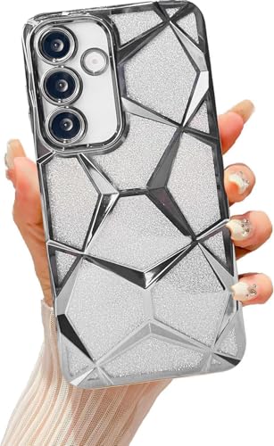 Image of VONZEE Gradient Glitter Case for Samsung S25 Plus, Luxury Electroplated 3D Cube, Diamond Bling Shiny Soft TPU Clear Shockproof Women Girls Protective Phone Cover (Silver)