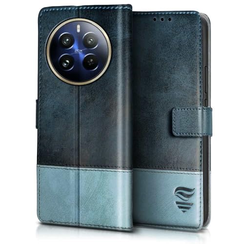 Image of Flipped Vegan Leather Flip Case Back Cover for Realme 12 Pro 5G | Realme 12 Pro Plus 5G (Flexible, Shock Proof | Hand Stitched Leather Finish | Card Pockets Wallet & Stand | Blue with Aquamarine)