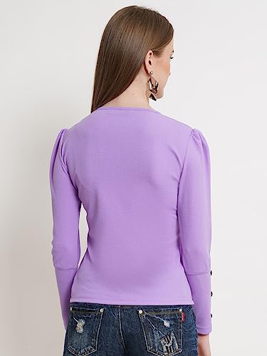 Image of POPWINGS Casual Solid Puff Button Long Sleeves Top for Women || Summer Round Neck Stylish Western Top for Jeans
