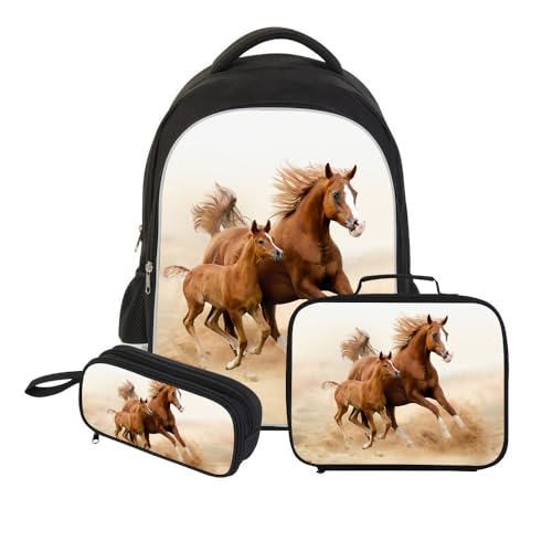 Dispalang Cool Horse Backpack Insulated Lunch Box Pencil Case Animal Design School Bag Set Laptop Bookbag for Students