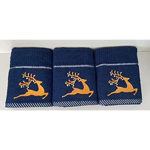 Christmas Gold Stag Design 100% Cotton Three Pack Kitchen Tea Towels in Navy Blue for the Festive Season Cover