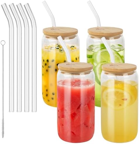 BUCOMTU 4er Set Glas mit Deckel und Strohhalm, 500 ml Trinkgläser mit deckel,Cocktailgläser Gläser Set,für Trinkgläser in Dosenform, Iced Coffee Glas, Cocktails (500ML-4 Pack)