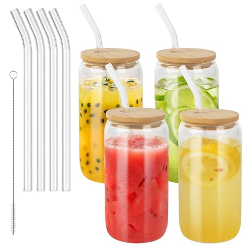 BUCOMTU 4er Set Glas mit Deckel und Strohhalm, 500 ml Trinkgläser mit deckel,Cocktailgläser Gläser Set,für Trinkgläser in Dosenform, Iced Coffee Glas, Cocktails (500ML-4 Pack)