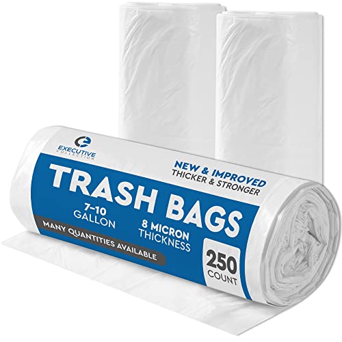 Clear 7-10 Gallon Trash Bags Bulk Pack - Medium Size Garbage Bin Liners for Office Bedroom and Kitchen Wastebasket Cans - by Executive Collection (250 Bags)