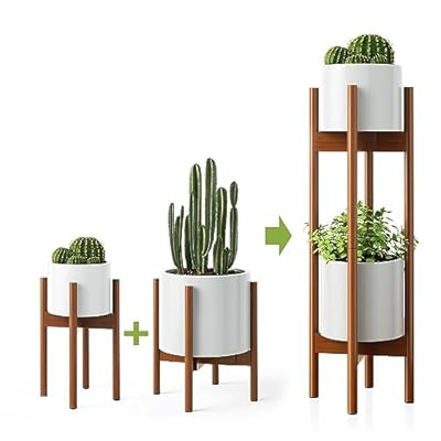 MUDEELA 2 Pack Indoor Plant Stands, 2 Tier Tall Plant Stand 30 inches, Mid Century Bamboo Plant Stand, Adjustable Plant Stand Fits Pot Size of 8 -12 inches, Pot & Plant Not Included
