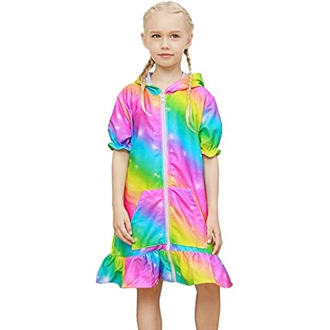 Kid Girls Hooded Zip Terry Swimsuit Cover Up Swim Beach Dress with Pockets 4-9Years Rainbow Cover