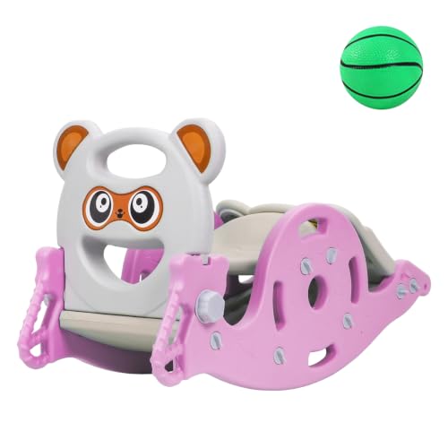 4 en 1 Kids Slide Rocking Horse, Toddler Indoor Playground with Basketball Hoop, Convertible estable Climbing Toy for Boys and Girls Age 1-6, Easy Assembly, Durable Plastic Rose