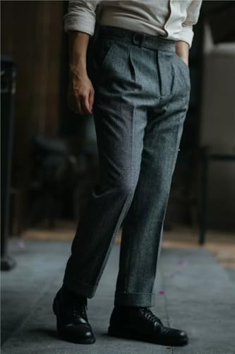 Ceehuteey Men's Business Dress Suit Pants Thick Wool Pleated Front Herringbone Tweed Trousers3