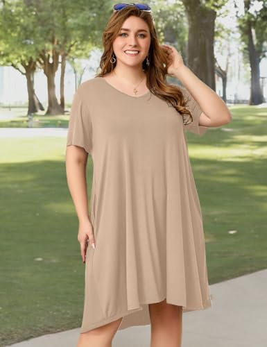 Image of OVERWORETY Womens Short Sleeve Plus Size T-Shirt Dress V Neck Casual Loose Swing A-Line Summer Tunic Dresses with Pockets