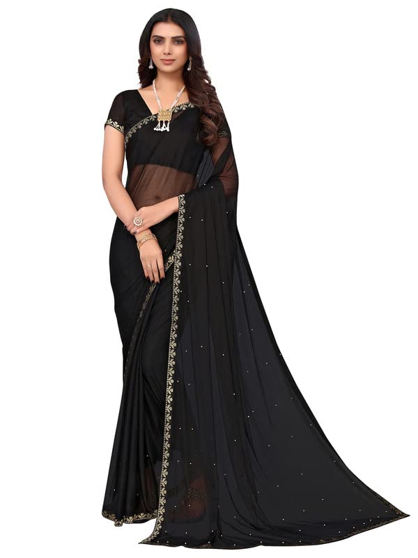 Image of SIRIL Women's Lace & Peral Work Lycra Saree with Unstitched Blouse Piece(2739S251 Black1)