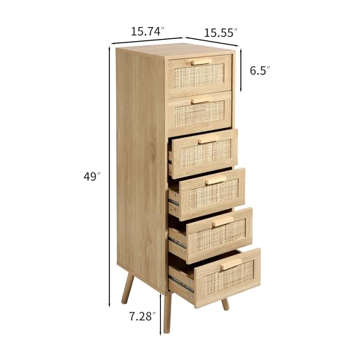 Image of Finnhomy Rattan Dresser for Bedroom, Tall Dresser with 6 Hand Made Rattan Decorated Drawers, Small Chest of Drawers for Living Room, Closet, Hallway, Natural